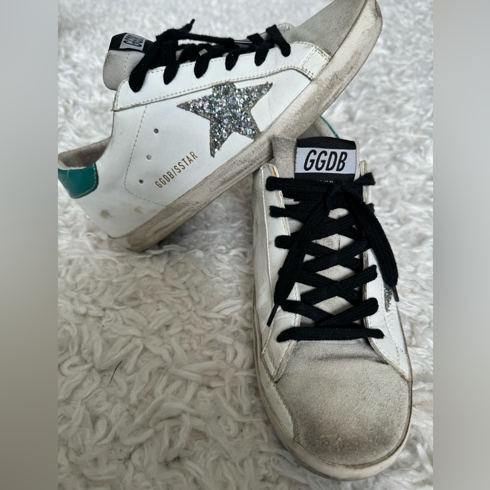 Golden Goose Super Star Sneaker in White, Green, Silver, & black. Size 38!